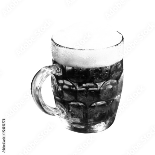 Black and white halftone illustration of glass mug with beer and foam isolated on white background. Retro engraving style beverage graphic for bar and pub concept.