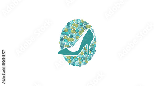 Graphic with a teal high-heeled shoe design inside an oval-shaped composition of textured, spherical objects