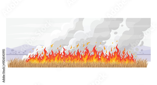 A large wildfire rages across a grassy field with palm trees