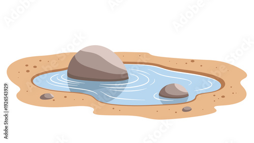 Small water puddle with smooth grey rocks on sandy ground illustration isolated on a white background.