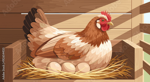 Hen incubating eggs for organic farming, agriculture, and eco-friendly product marketing