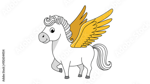 Mythical white pegasus horse with golden wings and a grey mane galloping on a clean white background.