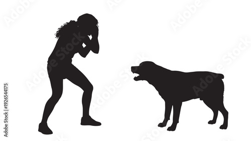 Woman silhouette facing aggressive dog silhouette with fists up in defense featuring aggression, canine, animal with pet and human elements for interaction, conflict projects, clean composition on