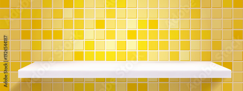 Bathroom pattern shelf with tile yellow product and kitchen background 3d. Wall square mock with pool pixel pedestal and white platform backdrop. Yellow geometric bathroom with tile display stand.