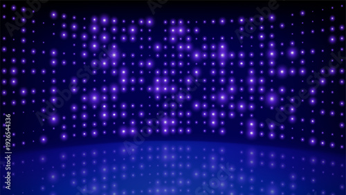 Flashing background led wall lights. Blue purple glowing dots abstract background. Tech inspired abstract backdrop. Bright flicker stage lights. Futuristic blue dot pattern. Vector illustration