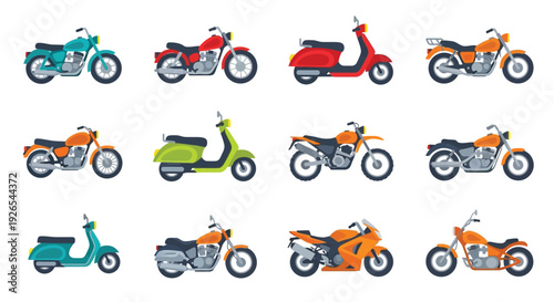 Colorful flat vector illustration of various motorcycle and scooter designs