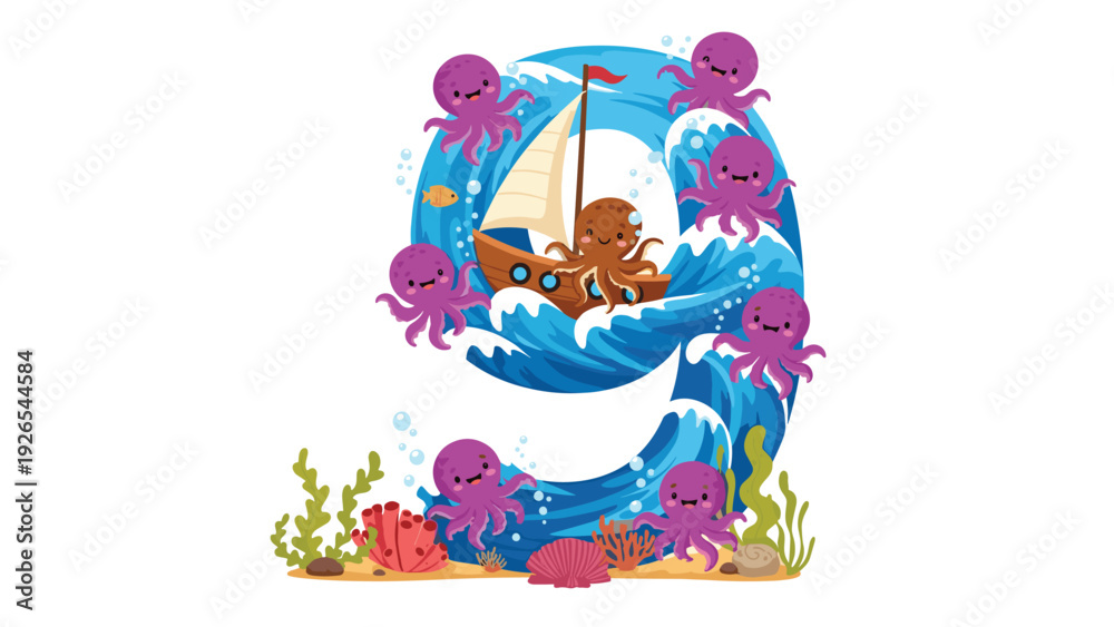 Naklejka premium Large number nine shaped from a blue wave carrying a pirate ship and surrounded by many purple octopuses.