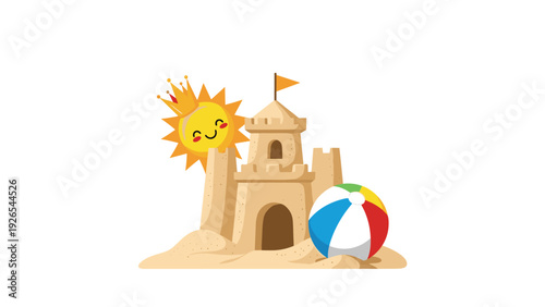 Sandcastle built on a sandy beach with a colorful ball and a smiling sun wearing a crown in the background.