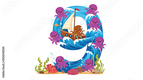 Large number nine shaped from a blue wave carrying a pirate ship and surrounded by many purple octopuses.