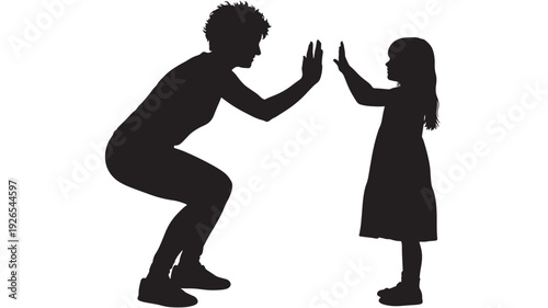 Children silhouette pair playing together with high five gesture against white featuring black, boy, girl with interaction and friendship elements for fun, playful projects, clean composition on
