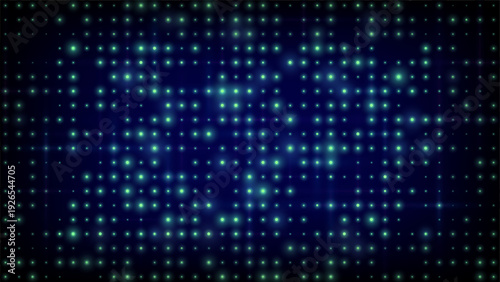 Flashing background led wall lights. Blue green glowing dots abstract background. Tech inspired abstract backdrop. Bright flicker stage lights. Futuristic blue dot pattern. Vector illustration