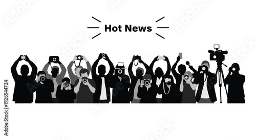 A crowd of photographers with cameras raised capturing breaking news