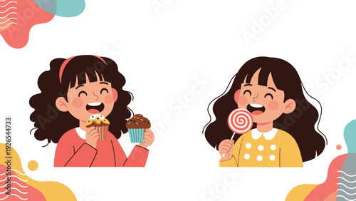 Two happy girls enjoying delicious sweets like muffins and a lollipop, colorful playful frame elements.
