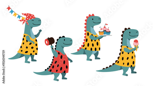 Group of friendly dinosaurs dressed in clothes and holding party treats like cupcakes and ice cream.
