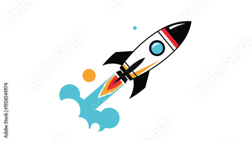 Colorful space rocket launching into the sky with fire and clouds, science and exploration theme illustration.