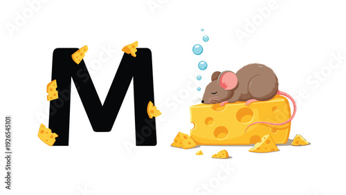 Cute brown mouse sleeping soundly on top of a large wedge of yellow swiss cheese, letter M alphabet theme.