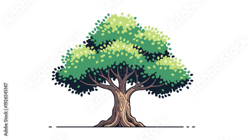 Large green tree with thick brown trunk and lush foliage standing firmly on flat ground under bright daylight against white background.