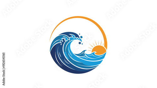 Circular logo design featuring a powerful blue ocean wave crashing beside a bright orange sun representing summer and beach travel.