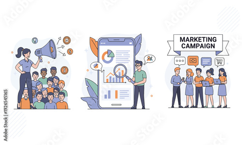 Illustrations of marketing concepts team collaboration, data analysis, and campaign execution