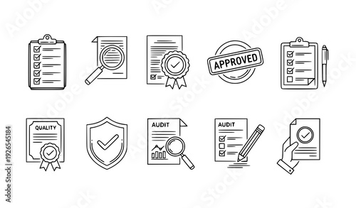 Modern editable line quality control icons for review, approval, and verification tasks