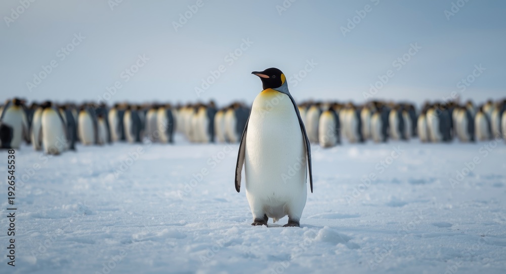 Obraz premium Adult emperor penguin peacefully standing in snow surrounded by lively colony