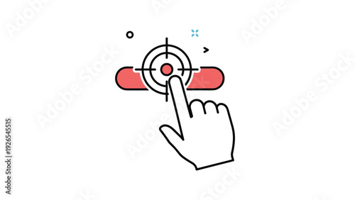 Minimalist graphic of a human hand pointing and clicking on a target bullseye symbol atop a red button for goal-oriented concepts.