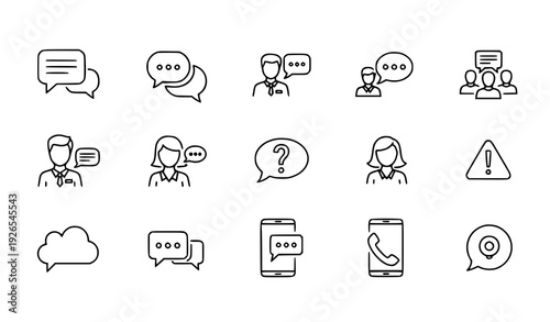 Editable speech bubble line icon set with chat, dialog, and user communication symbols
