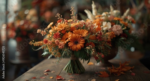 Vibrant autumn bouquet featuring orange and red flowers in a floral shop setting