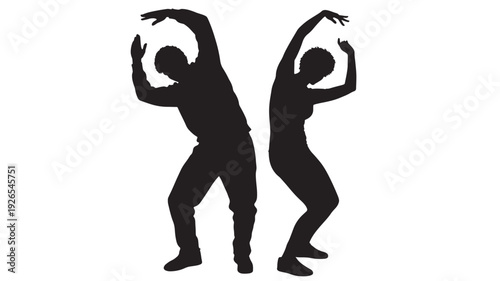 Dancers silhouette set with dynamic poses and raised arms featuring dancing, movement, black with white and illustration elements for graphic, design projects, clean composition on simple background