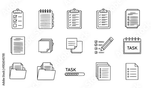 Modern editable line note and task icons for checklist, to-do, and document management