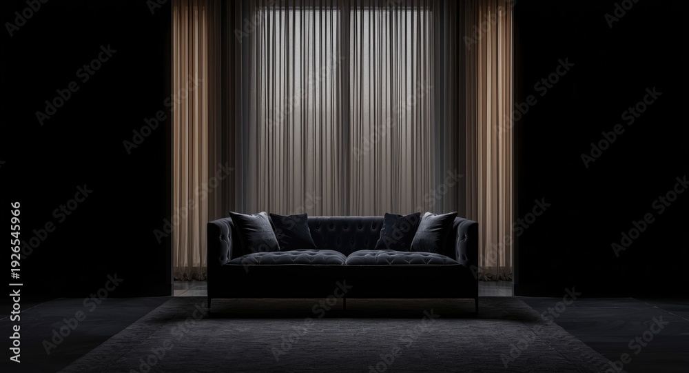 Fototapeta premium Quiet dark space featuring chic black couch with curtain framing