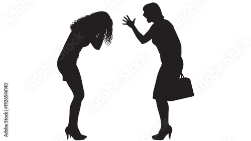 Silhouettes women arguing with one person shouting and the other distressed, conflict confrontation concept, workplace bullying, verbal abuse, isolated on white