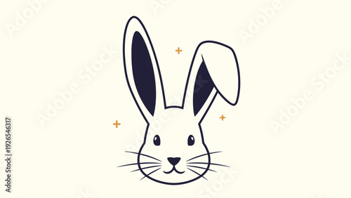Cute rabbit head illustration with long ears, whiskers, and a heart-shaped nose surrounded by small golden cross shapes.