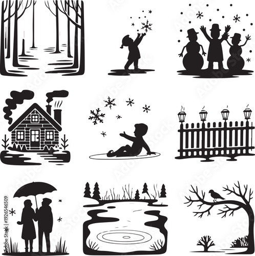 winter scenes and silhouettes of people and animals in various activities