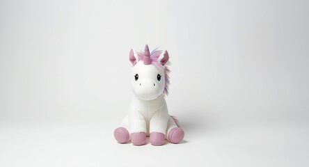 seated unicorn soft toy displayed simply on a white photographic backdrop