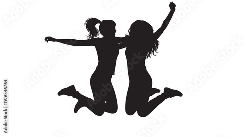 Women jumping silhouette with raised arms celebrating friendship and freedom, two female friends having fun together, black cutout figures isolated on white