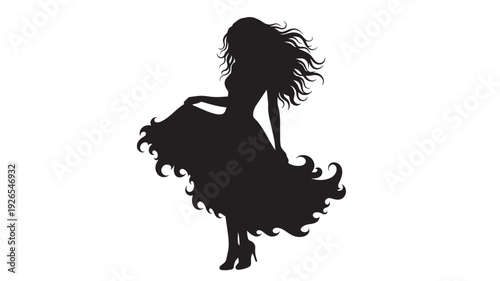 Woman silhouette dancing in flowing dress with windblown hair, elegant female figure pose, black cutout style icon isolated on white background for design