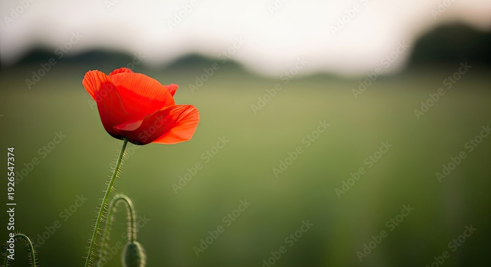 Obraz premium A vibrant red poppy stands prominently in a field, its petals illuminated by soft sunlight.
