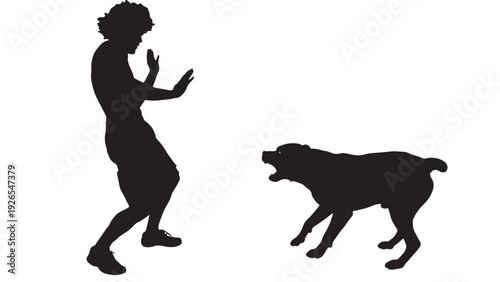 Silhouettes man defending from aggressive dog attack, frightened person posture with raised hands, barking canine threat scene isolated on white background
