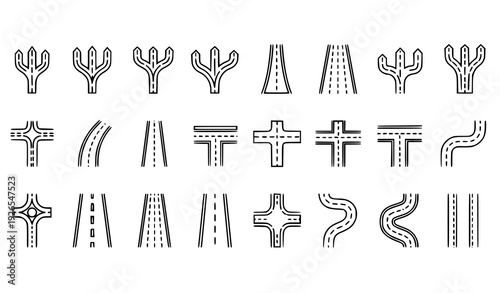 Editable Stroke Road Icons Set with Forks Curves and Intersection Line Vector Collection