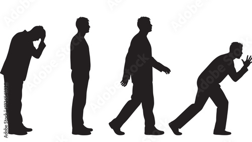 Silhouettes of man walking sequence showing progression from stressed pose to standing, strolling and sneaking gesture, isolated black figures on white background