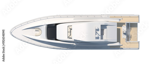 White luxury yacht with sleek lines and spacious deck areas, top view
