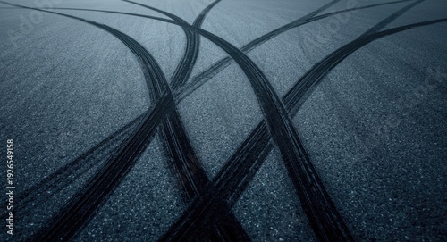 Aerial perspective of abstract textured background with black tire skid marks on a street racing track for automotive concept