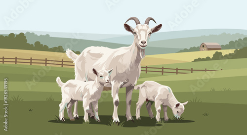 Goat with Kids on a Farm Pasture for Agricultural Promotion and Educational Illustrations