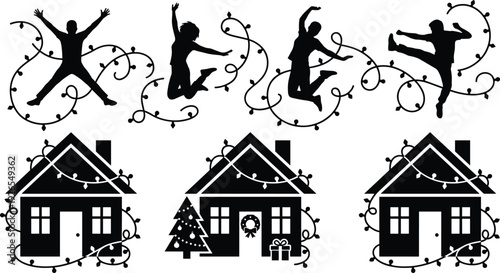Christmas holiday silhouettes with jumping people, decorated houses and string lights isolated on white background for festive celebration, winter season and home decoration concept