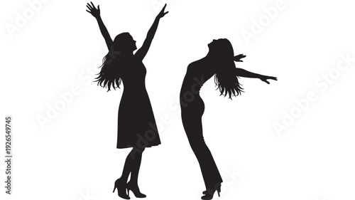Women dancing silhouette pair with raised arms and expressive poses, isolated on white background, nightlife party concept, female figures in heels, minimalist vector style