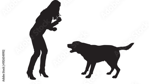 Woman silhouette interacting with dog silhouette in black outline graphic featuring interaction, animal, pet with human and illustration elements for people, canine projects, clean composition on