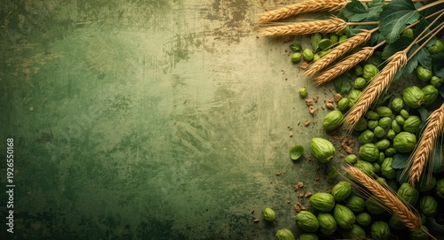 Top view of barley and hops for beer brewing on rustic green background with space for text