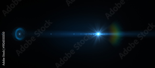 Tablou pe pânză Cinematic Blue Lens Flare Light Effect on Dark Background and chromatic aberrati