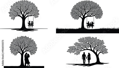 Family and couple under tree silhouette set with children on swing and romantic scenes isolated on white background for love, relationship and nature concept